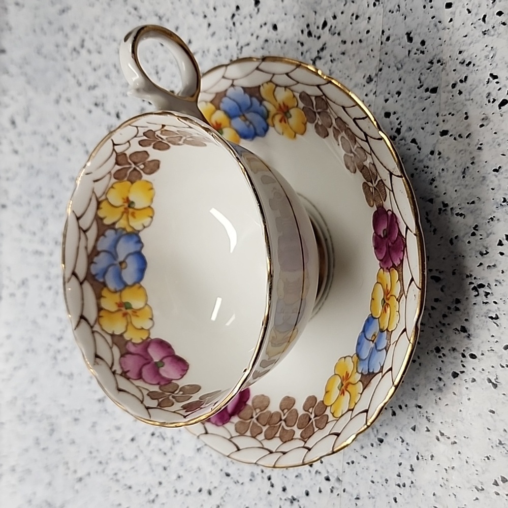 Vintage Delphine Teacup & Saucer Bone China Pink Yellow Blue Flower Gold Rimmed